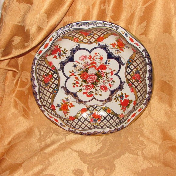 Vintage Metal Serving Bowl THE TIN BOX COMPANY OF AMERICA Blue Orange Floral - Picture 4 of 6